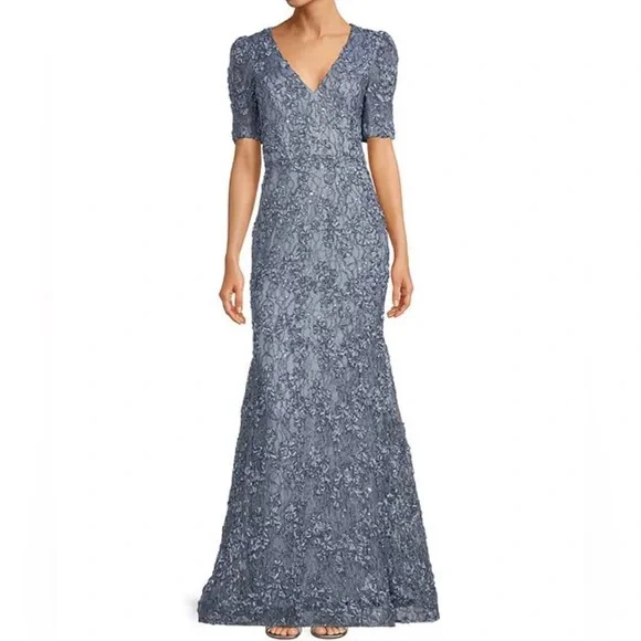 xscape short sleeve boat neck floral lace sheath dress Xscape Women's Off-The-Shoulder Pleated-Waist Gown - Navy main image 0